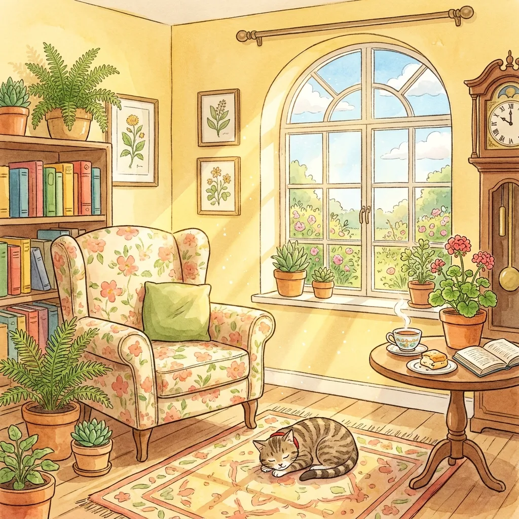 Calm sunroom spot the difference scene used for visual scanning practice after stroke