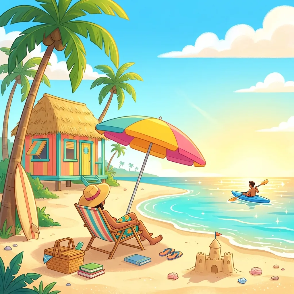 Summer beach spot the difference printable scene with umbrella and sandcastle, boredom buster for kids