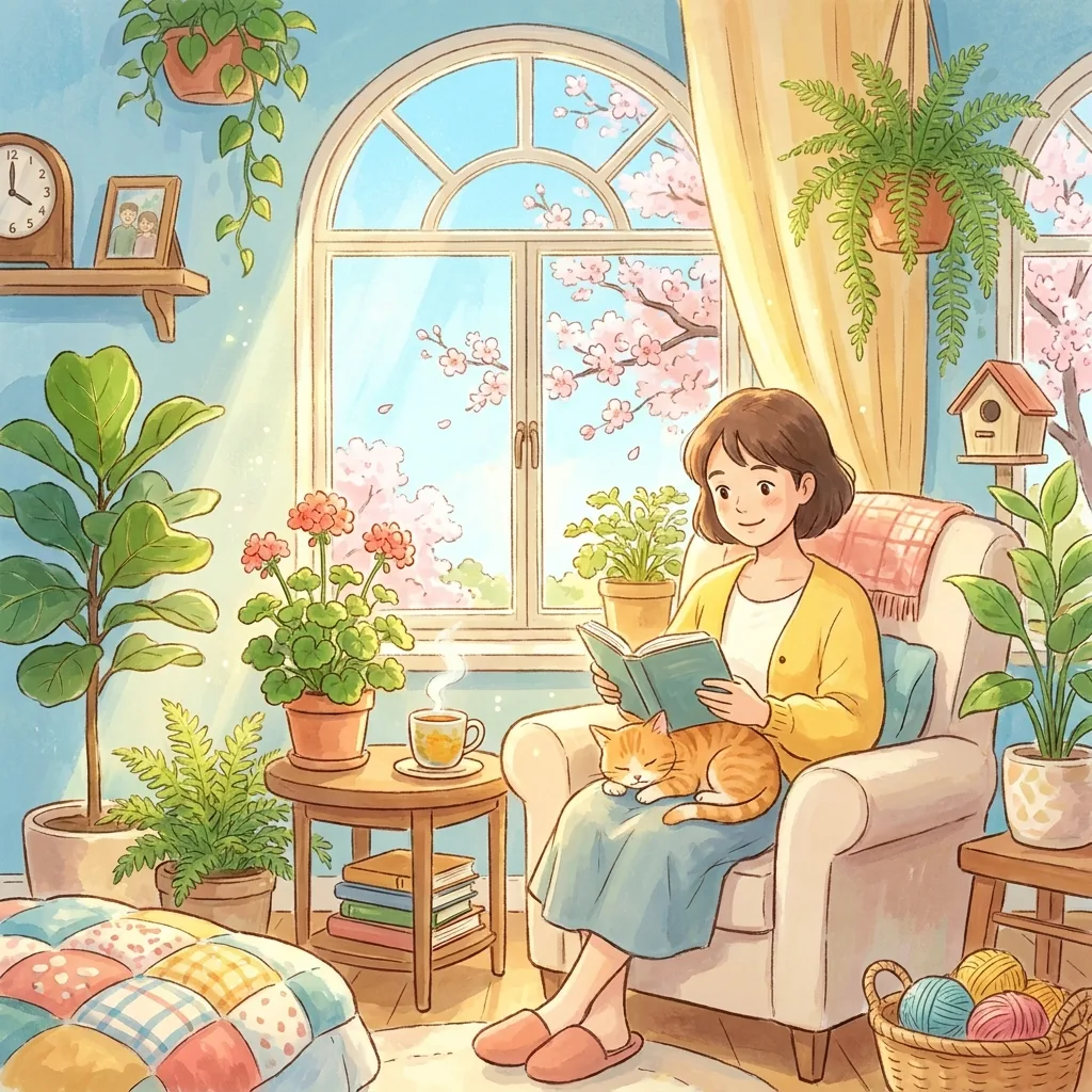 Cozy knitting room spot the difference scene, printable activity for seniors