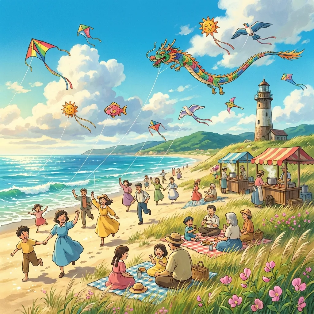 Children flying kites on a beach spot the difference scene, visual attention practice