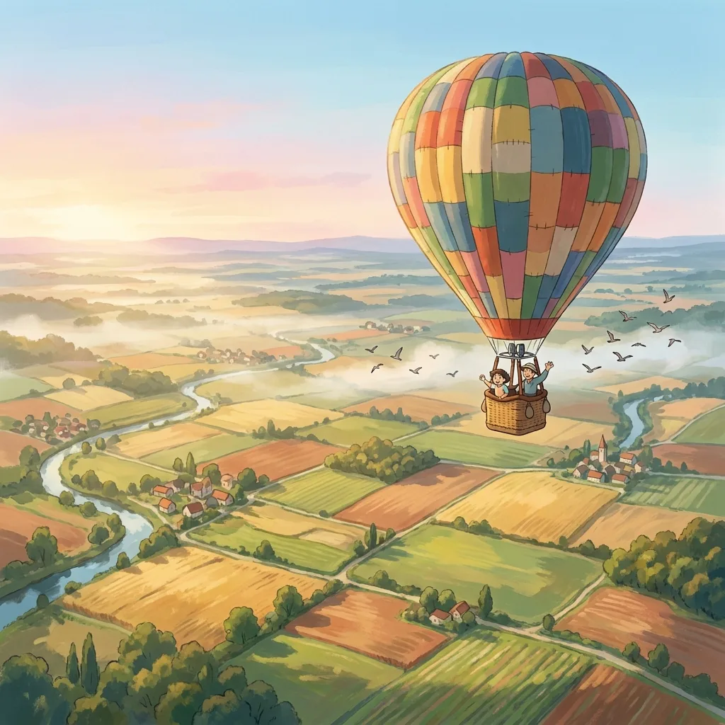 Hot air balloon over fields spot the difference scene, airplane activity printable for kids