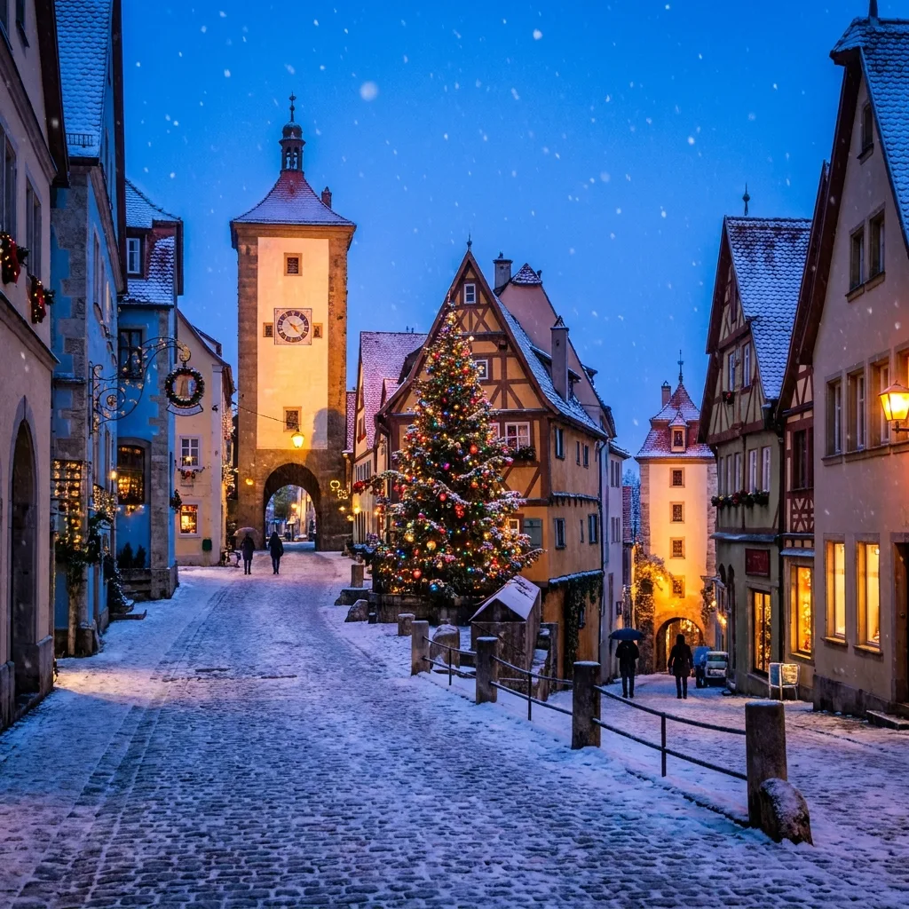 Snowy Christmas village street spot the difference printable scene