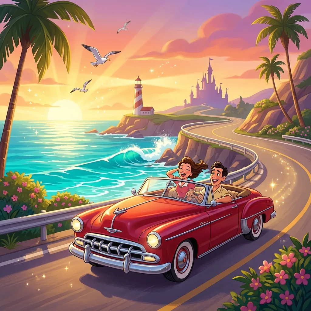 Road trip spot the difference scene with a red convertible on a coastal road, printable travel game