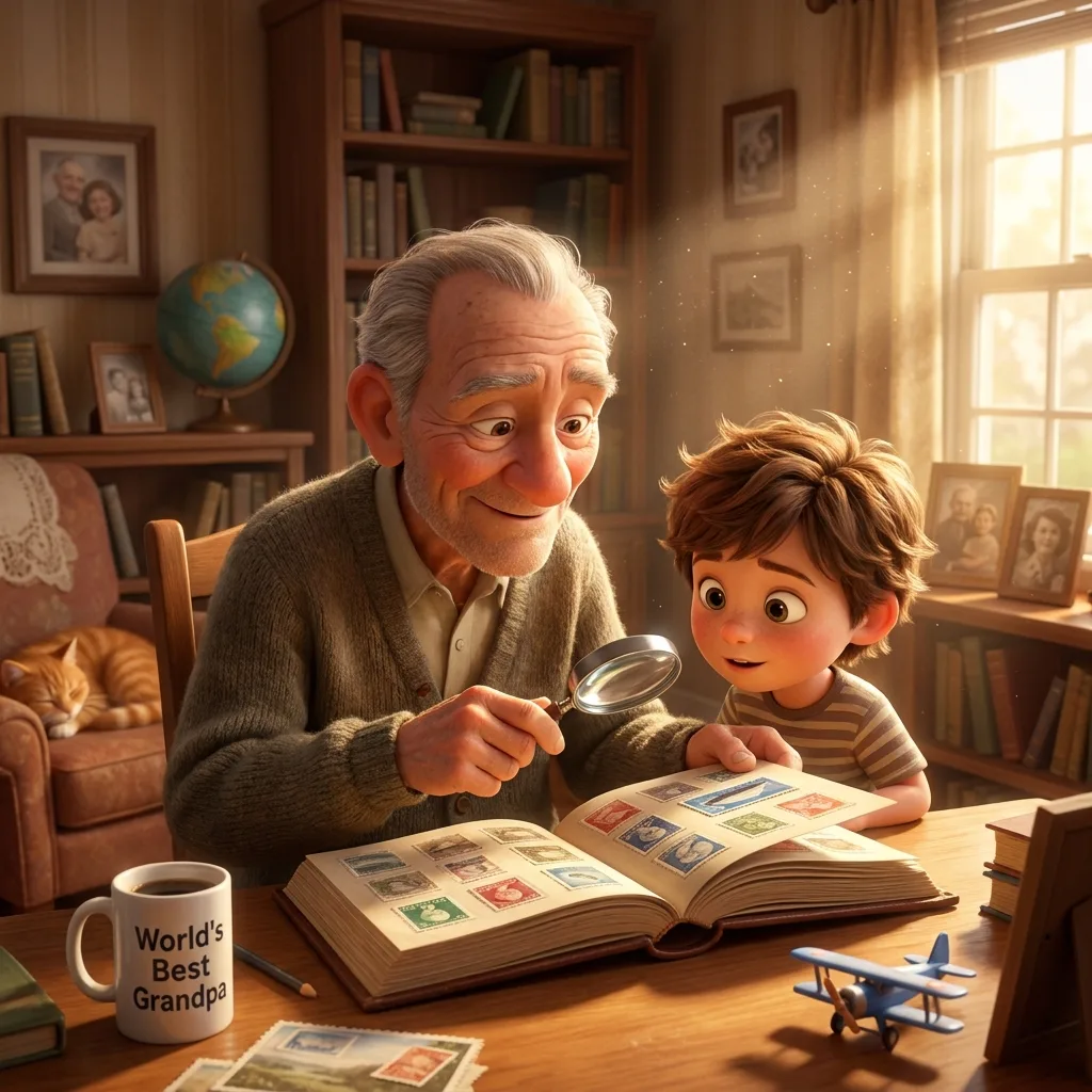 Grandparent and child reading a photo album spot the difference scene for memory care