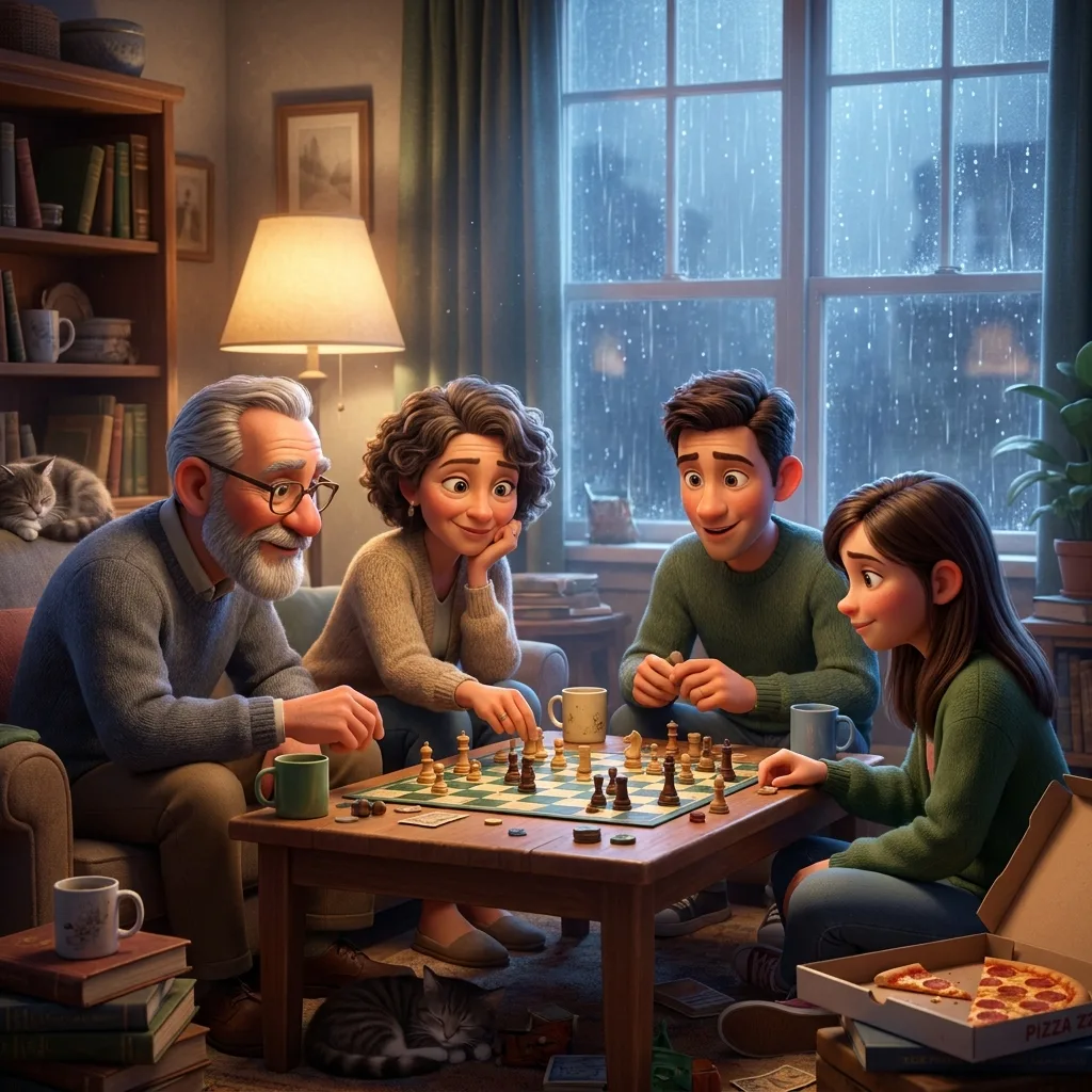 Family playing chess spot the difference scene for language therapy describing practice
