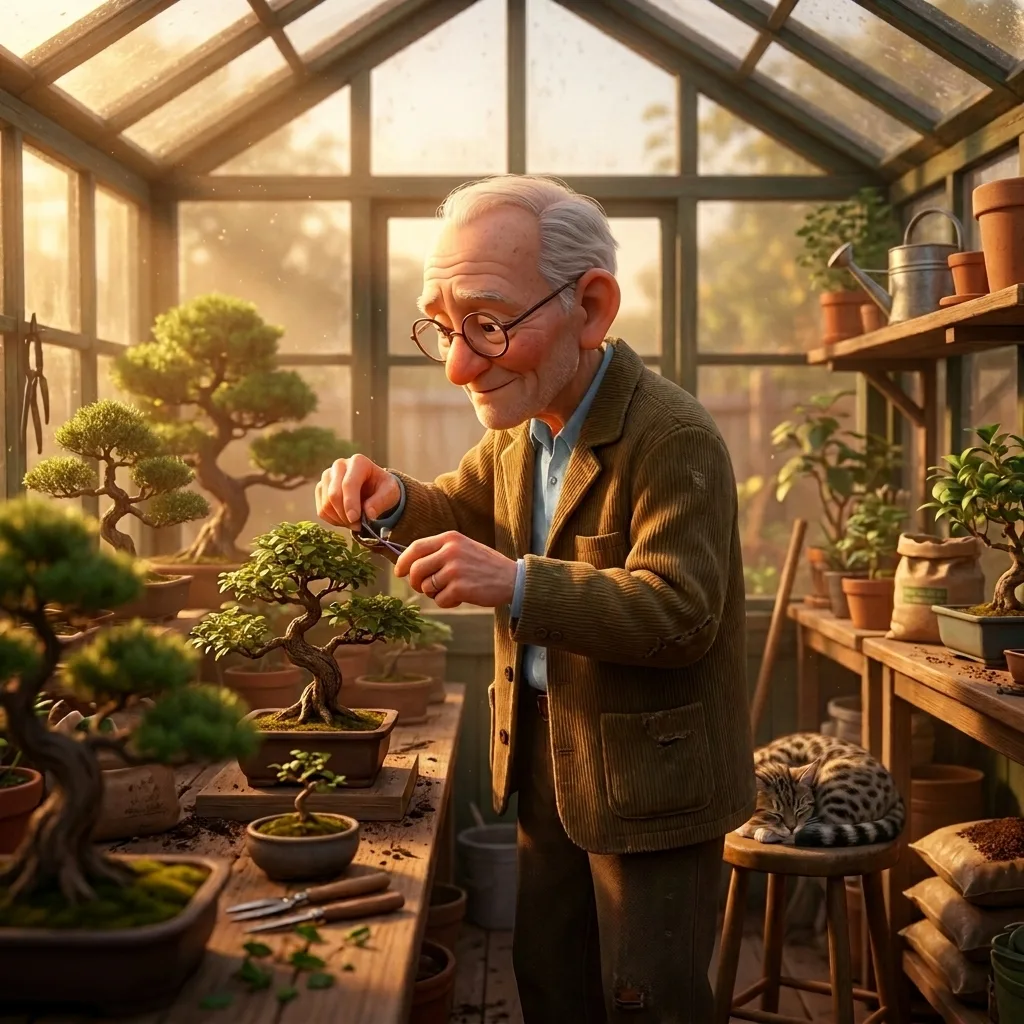 Elderly man tending bonsai spot the difference scene, senior activity printable