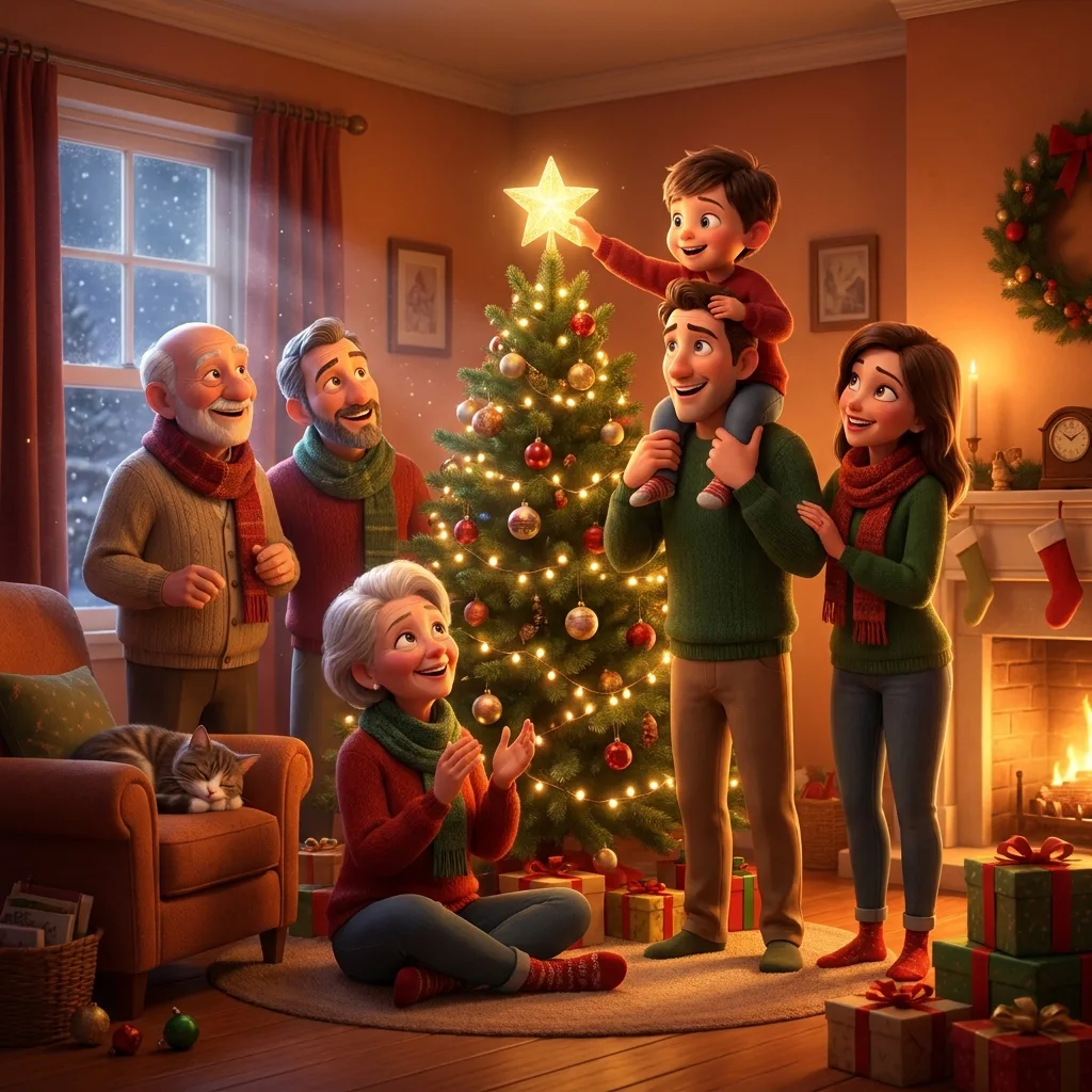 Christmas spot the difference scene of a family decorating a Christmas tree, printable picture puzzle