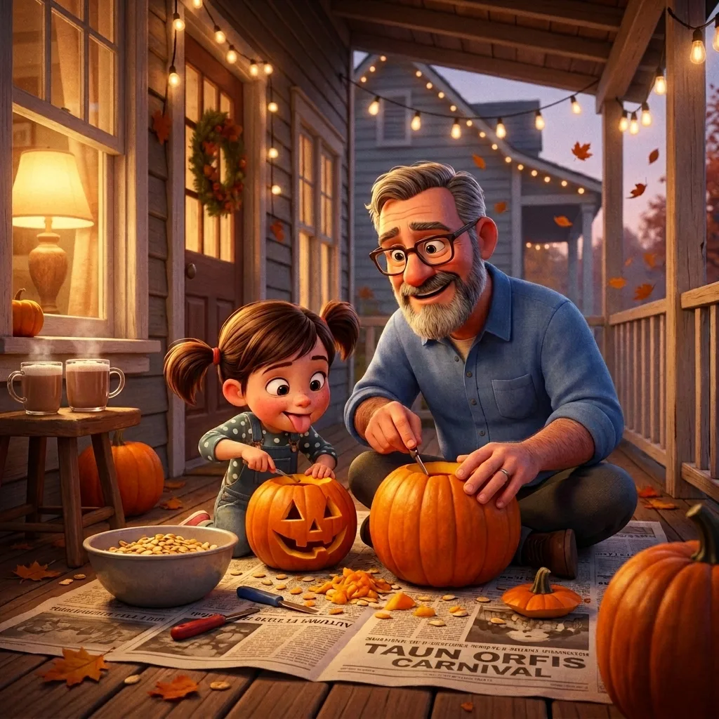 Halloween spot the difference scene of a dad and child carving jack-o-lanterns, free printable