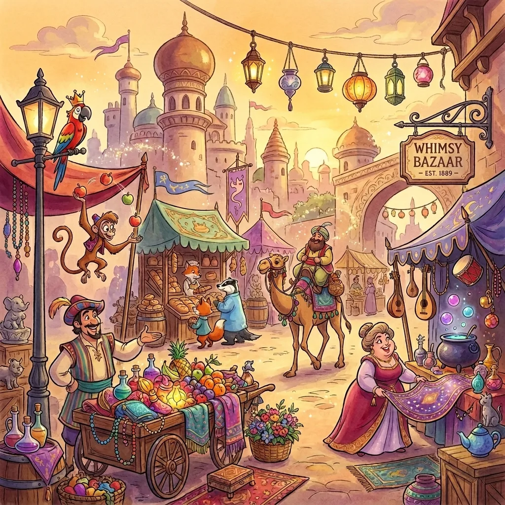Fantasy market spot the difference scene, interior page example for a KDP puzzle book