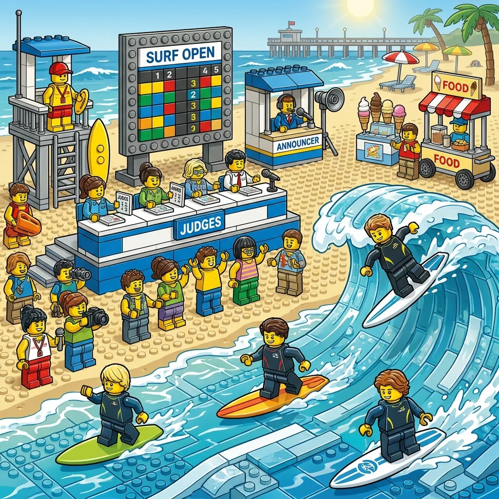 Toy brick beach surf shop spot the difference scene, summer printable game