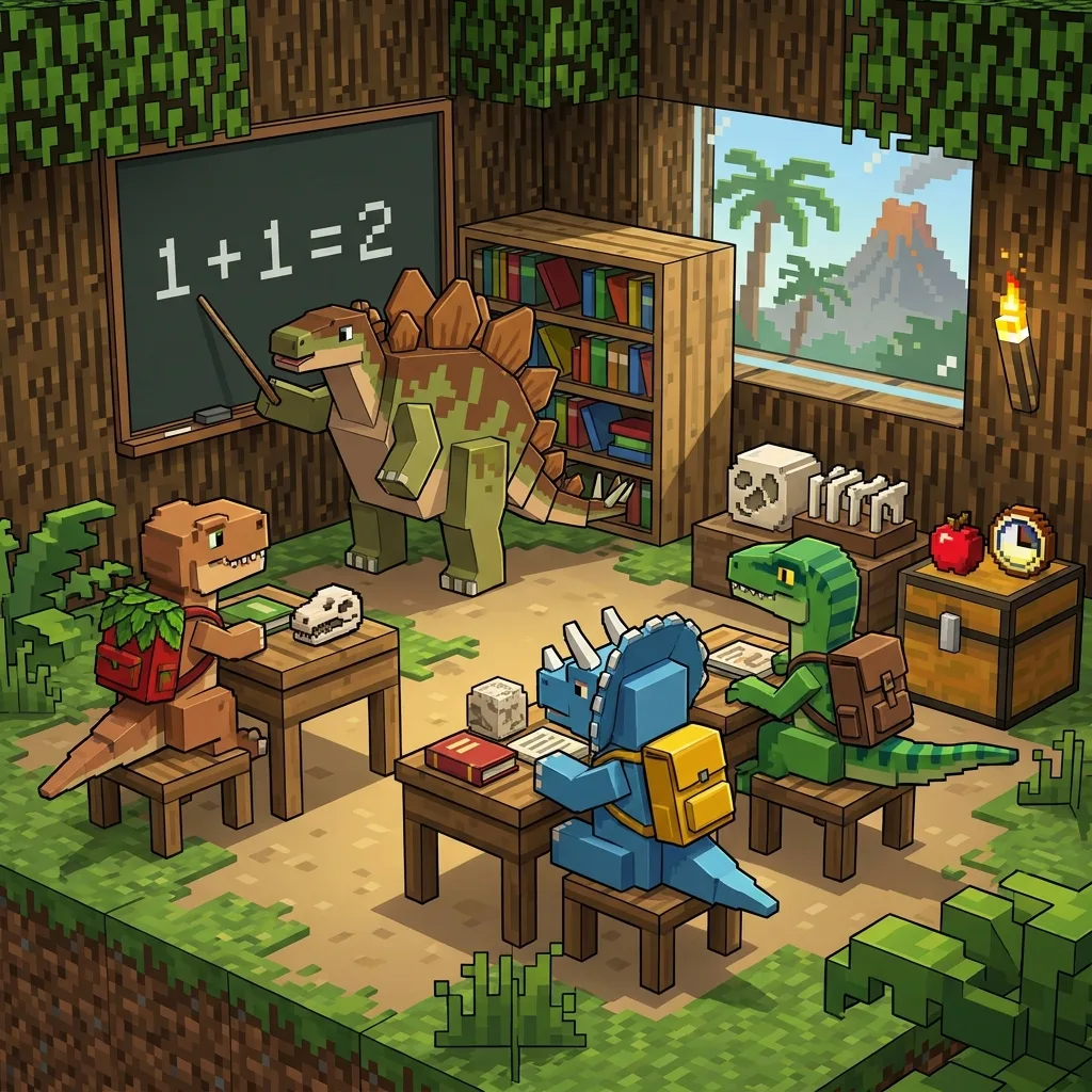 Dinosaur classroom cartoon spot the difference scene for ESL speaking activities
