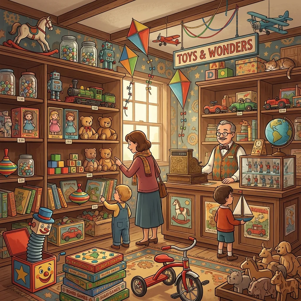 Toy shop spot the difference scene, visual discrimination worksheet for kindergarten