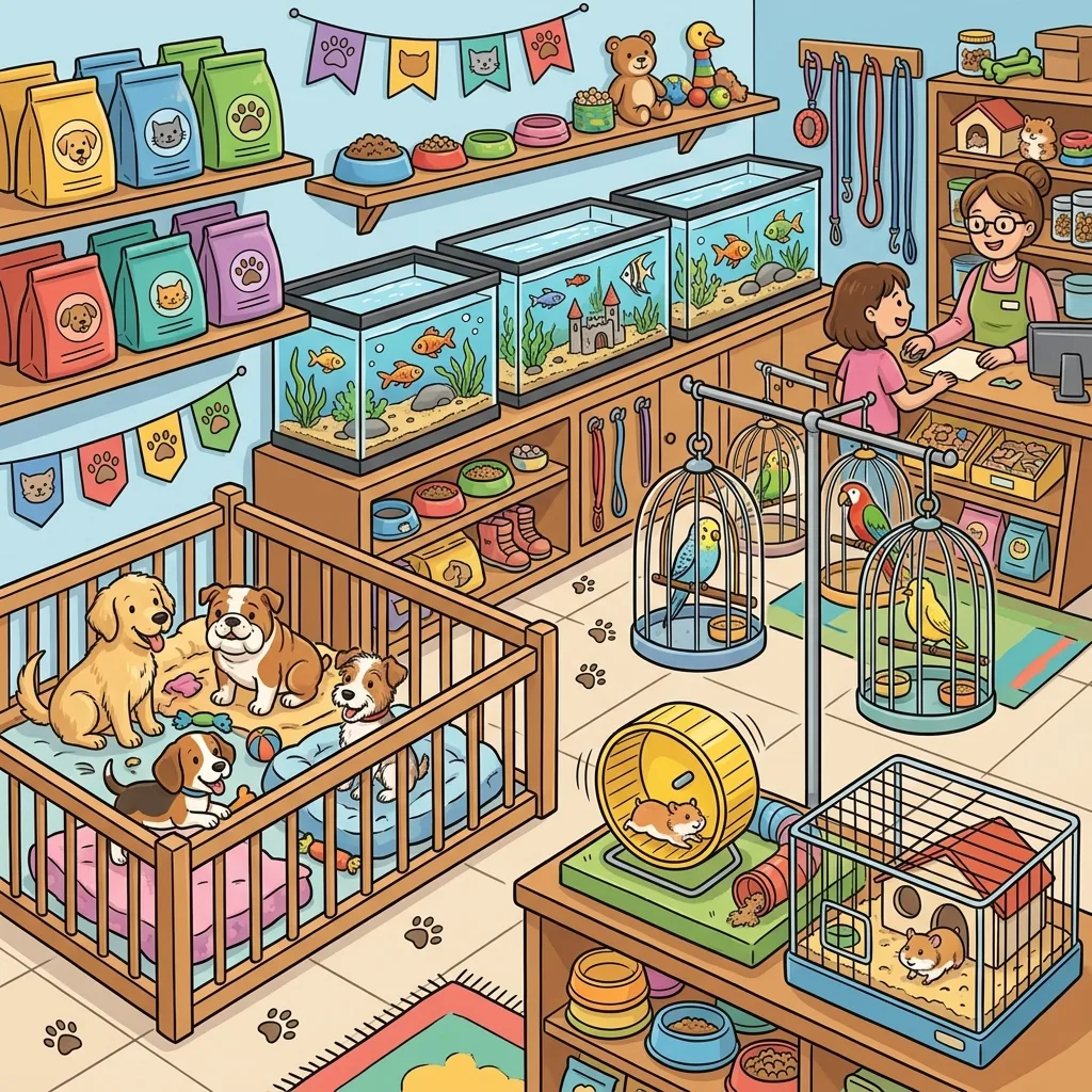 Pet shop cartoon spot the difference scene for preschool language practice