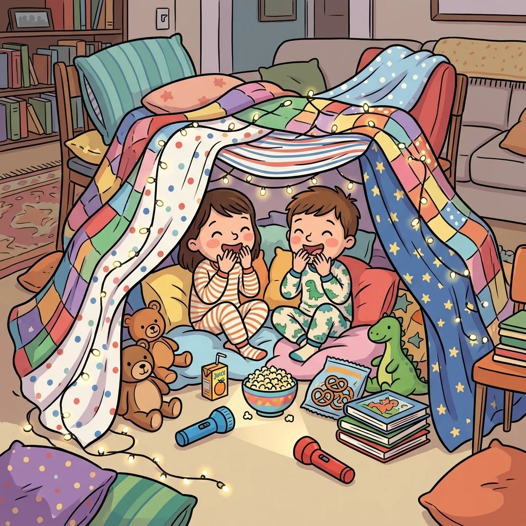 Kids blanket fort cartoon spot the difference scene, quiet time printable activity
