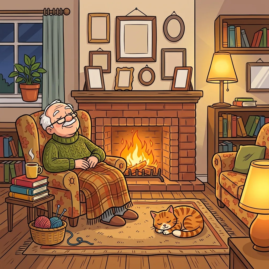 Grandfather by the fireplace with cat, dementia-friendly spot the difference printable scene
