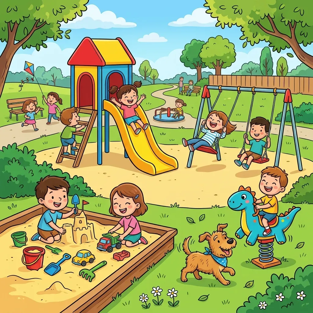 Cartoon playground spot the difference puzzle for kids development, free printable